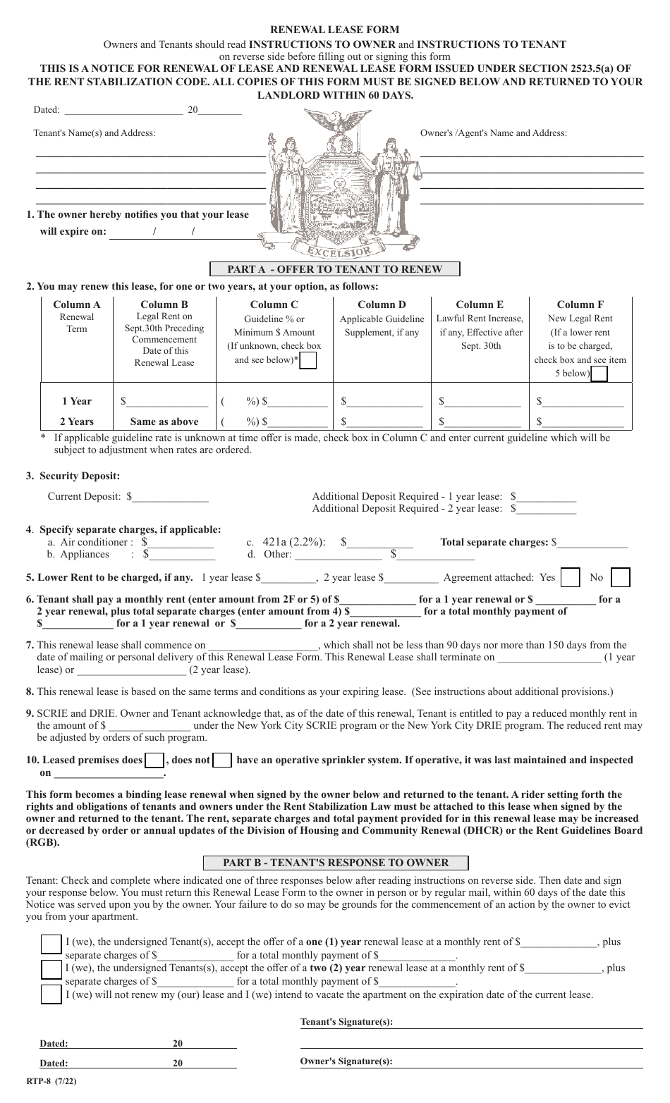 Form RTP-8 Renewal Lease Form - New York, Page 1