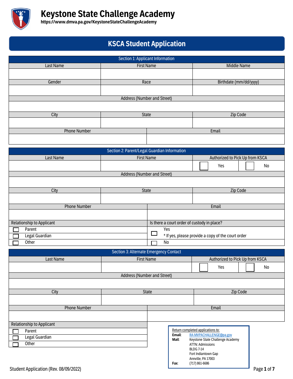 Keystone State Challenge Academy Student Application - Pennsylvania, Page 1