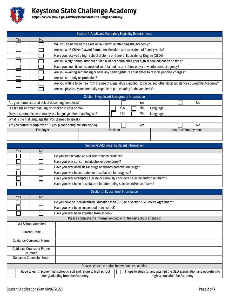Keystone State Challenge Academy Student Application - Pennsylvania, Page 2