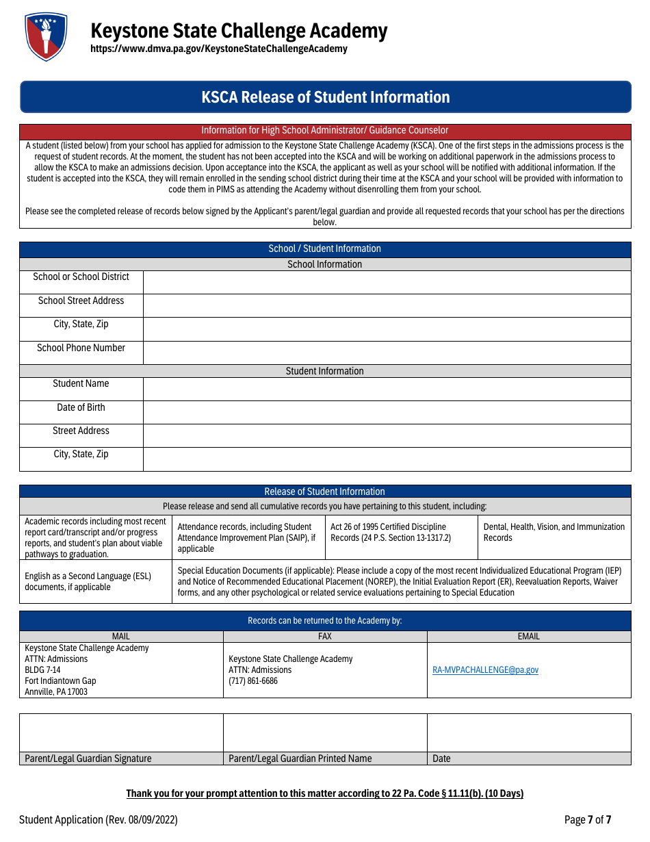 Keystone State Challenge Academy Student Application - Pennsylvania, Page 7