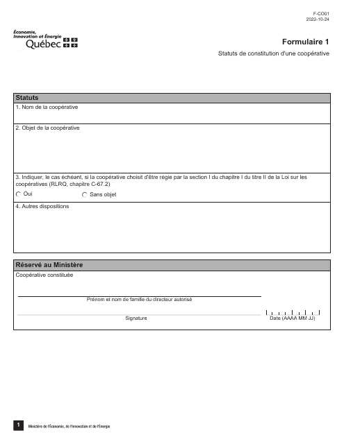 Forme 1 (F-CO01) Statuts De Constitution D'une Cooperative - Quebec, Canada (French)