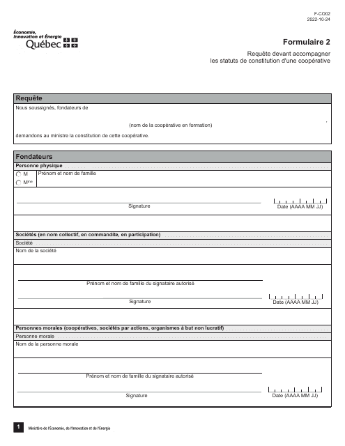 Forme 2 (F-CO02) Requete Devant Accompagner Les Statuts De Constitution D'une Cooperative - Quebec, Canada (French)