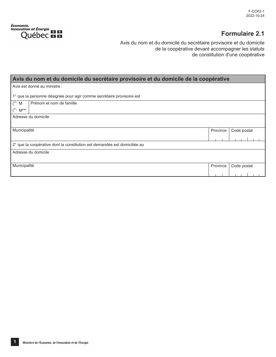 Forme 2.1 (F-CO02-1) Avis Du Nom Et Du Domicile Du Secretaire Provisoire Et Du Domicile De La Cooperative Devant Accompagner Les Statuts De Constitution Dune Cooperative - Quebec, Canada (French), Page 1
