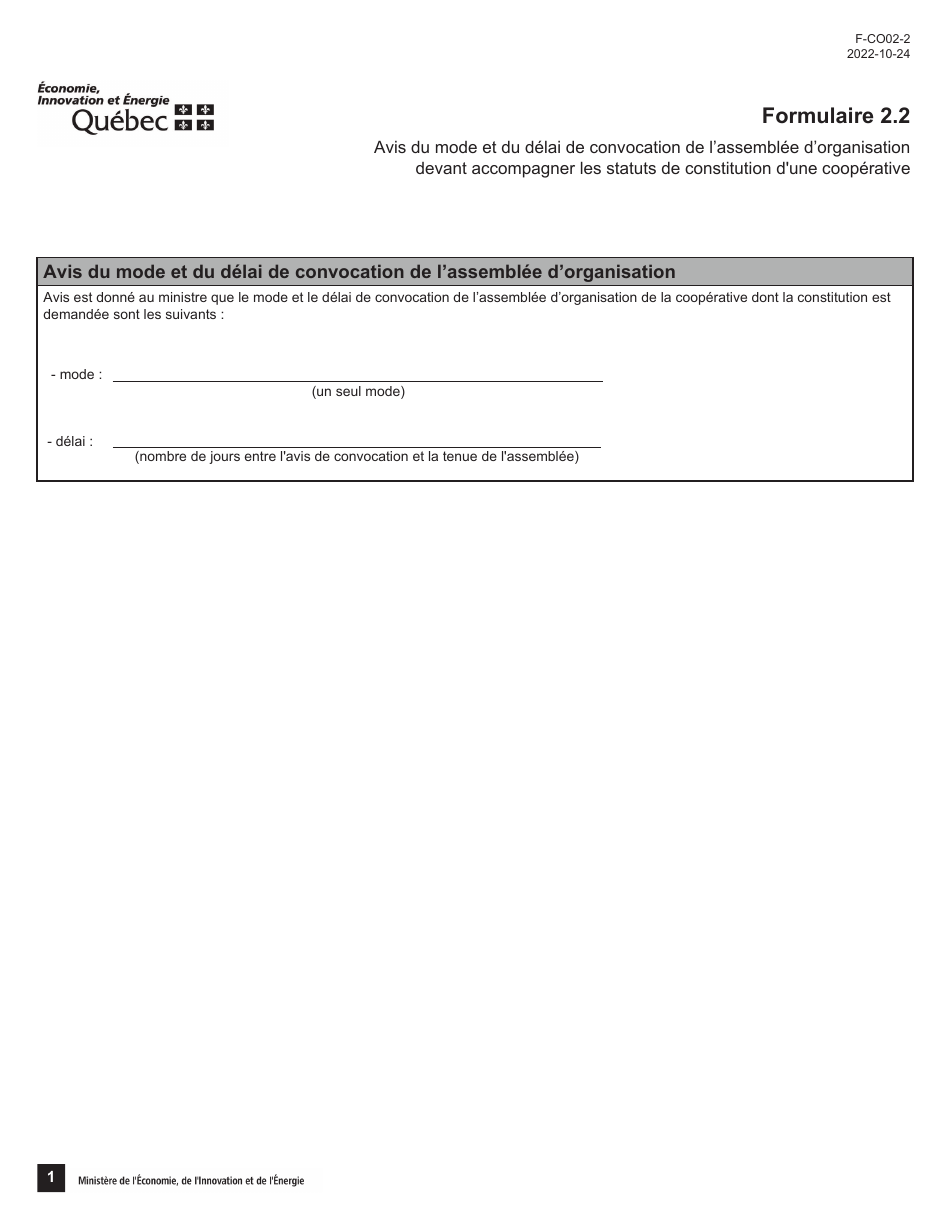 Forme 2.2 (F-CO02-2) Avis Du Mode Et Du Delai De Convocation De Lassemblee Dorganisation Devant Accompagner Les Statuts De Constitution Dune Cooperative - Quebec, Canada (French), Page 1