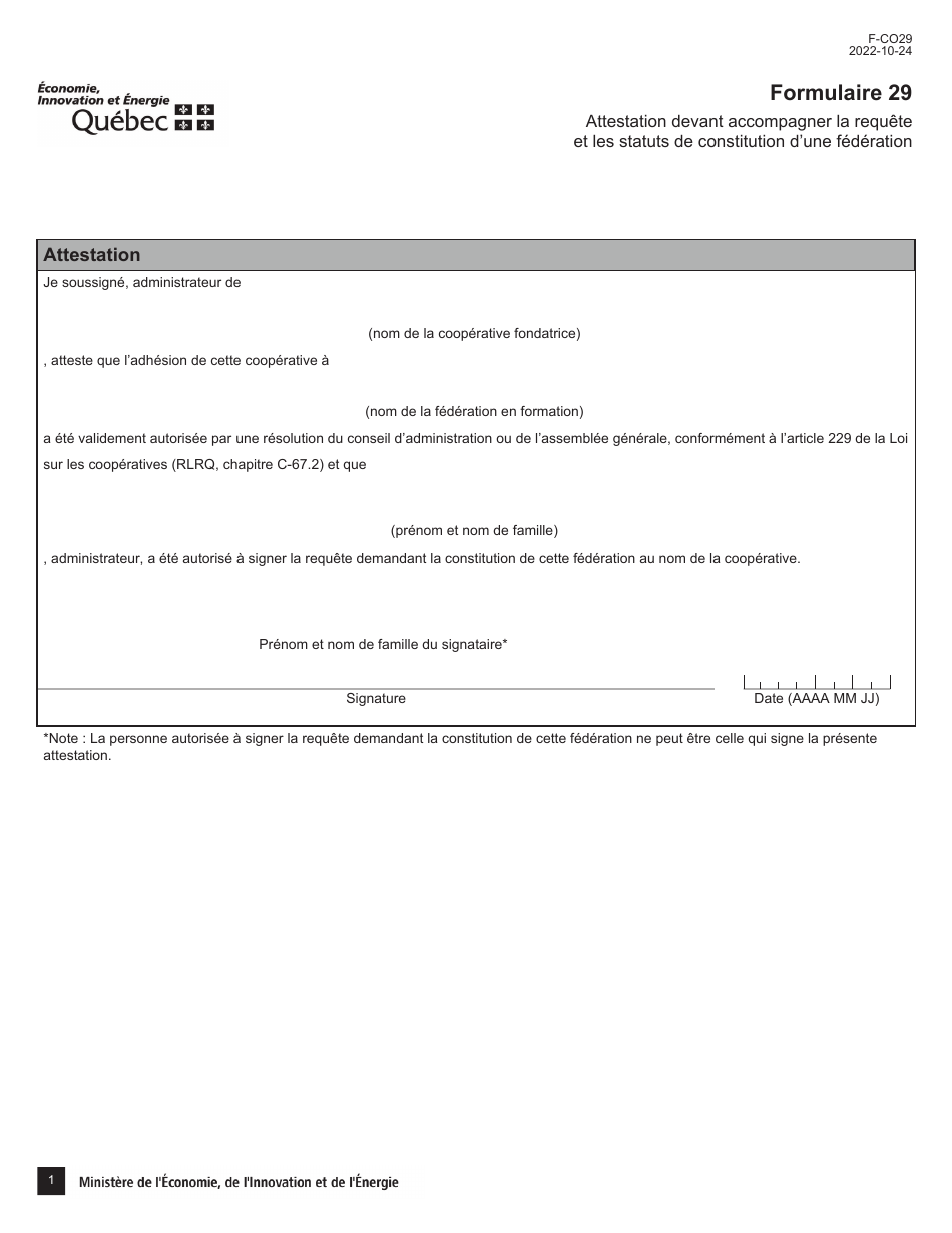 Forme 29 (F-CO29) Attestation Devant Accompagner La Requete Et Les Statuts De Constitution Dune Federation - Quebec, Canada (French), Page 1
