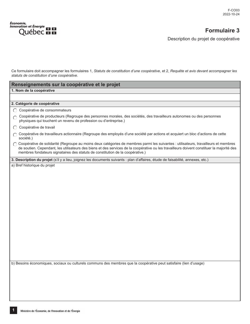 Forme 3 (F-CO03) Description Du Projet De Cooperative - Quebec, Canada (French), Page 1