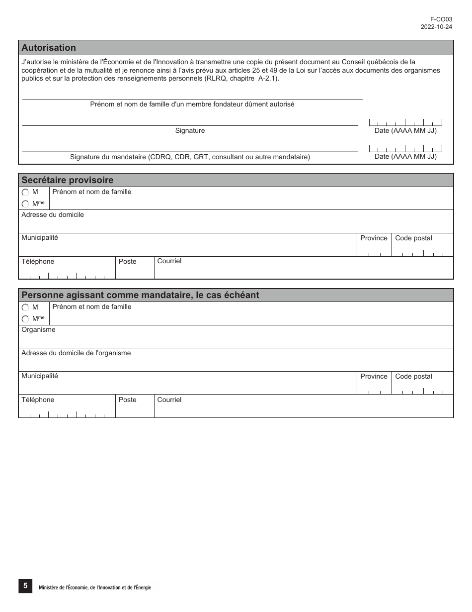 Forme 3 (F-CO03) Description Du Projet De Cooperative - Quebec, Canada (French), Page 5