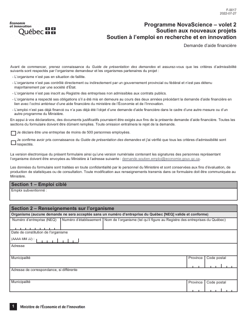 Forme F-0017 Partie 2 Demande D'aide Financiere - Programme Novascience - Quebec, Canada (French)