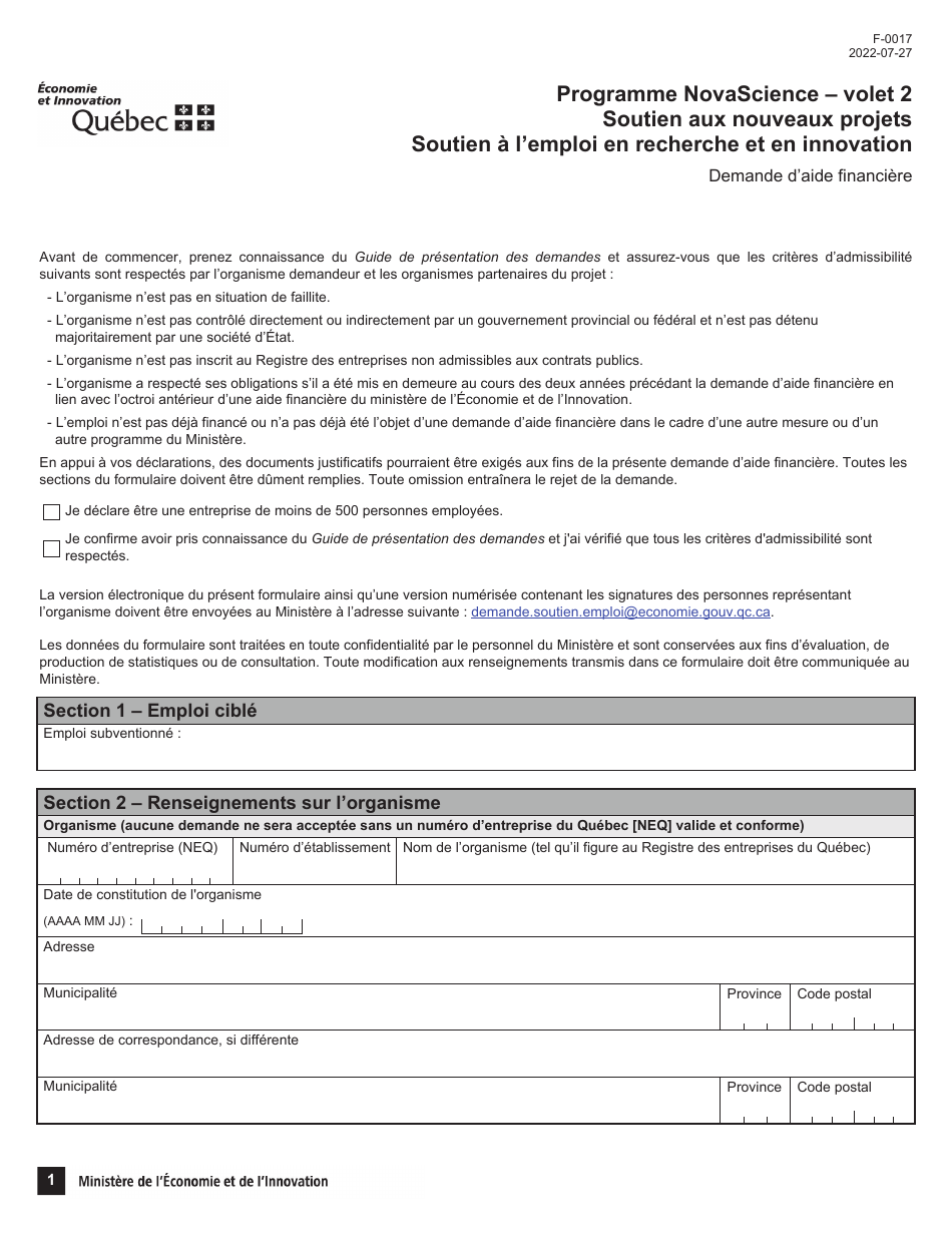 Forme F-0017 Partie 2 Demande Daide Financiere - Programme Novascience - Quebec, Canada (French), Page 1