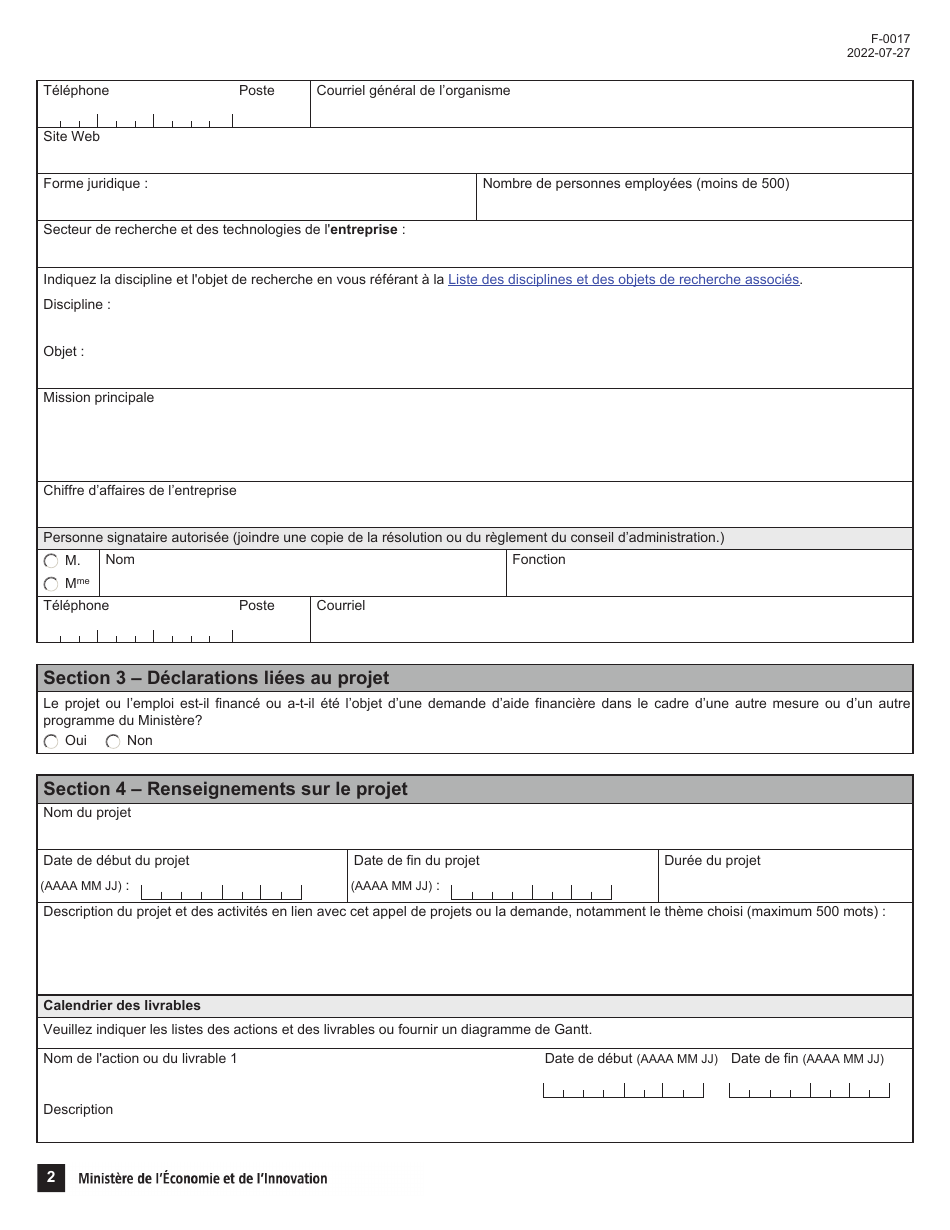 Forme F-0017 Partie 2 Demande Daide Financiere - Programme Novascience - Quebec, Canada (French), Page 2