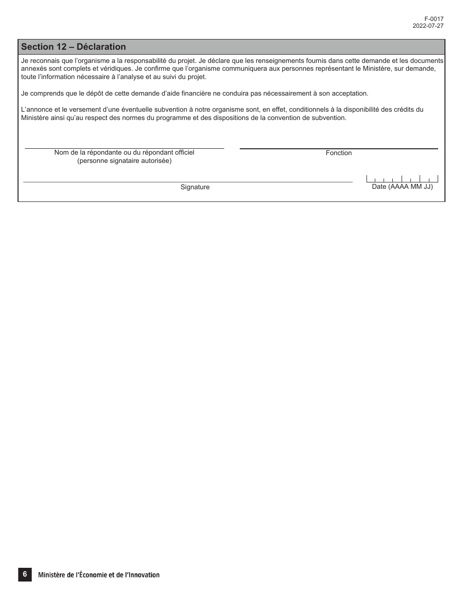 Forme F-0017 Partie 2 Demande Daide Financiere - Programme Novascience - Quebec, Canada (French), Page 6
