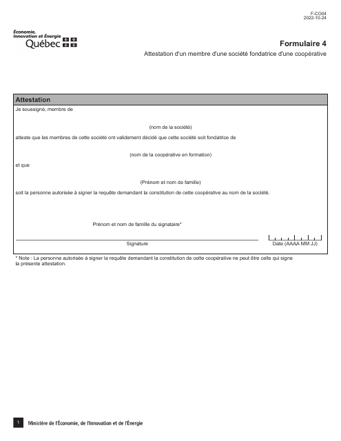 Forme 4 (F-CO04) Attestation D'un Membre D'une Societe Fondatrice D'une Cooperative - Quebec, Canada (French)