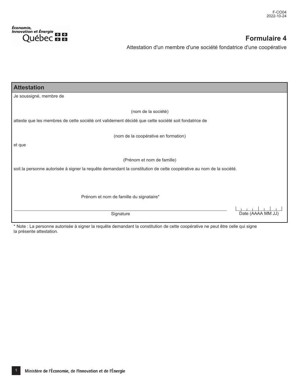Forme 4 (F-CO04) Attestation Dun Membre Dune Societe Fondatrice Dune Cooperative - Quebec, Canada (French), Page 1