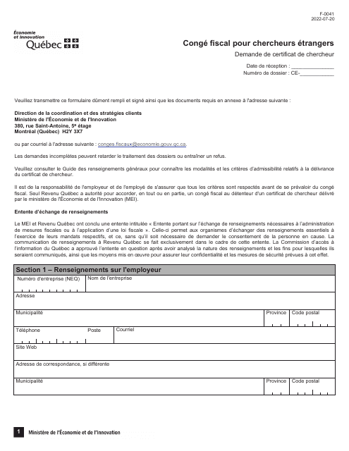 Forme F-0041 Demande De Certificat De Chercheur - Conge Fiscal Pour Chercheurs Etrangers - Quebec, Canada (French)