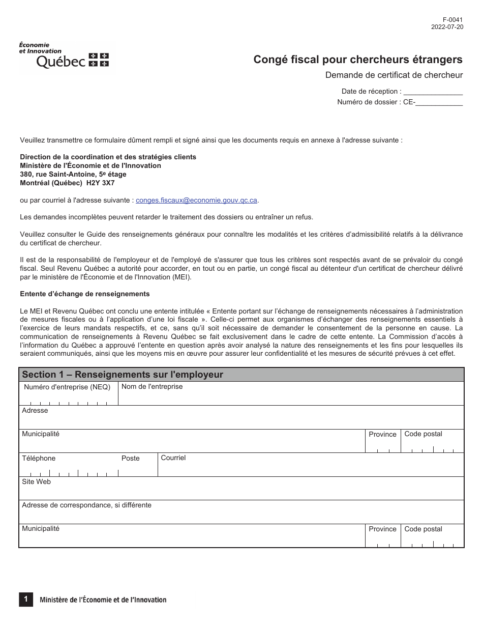 Forme F-0041 Demande De Certificat De Chercheur - Conge Fiscal Pour Chercheurs Etrangers - Quebec, Canada (French), Page 1
