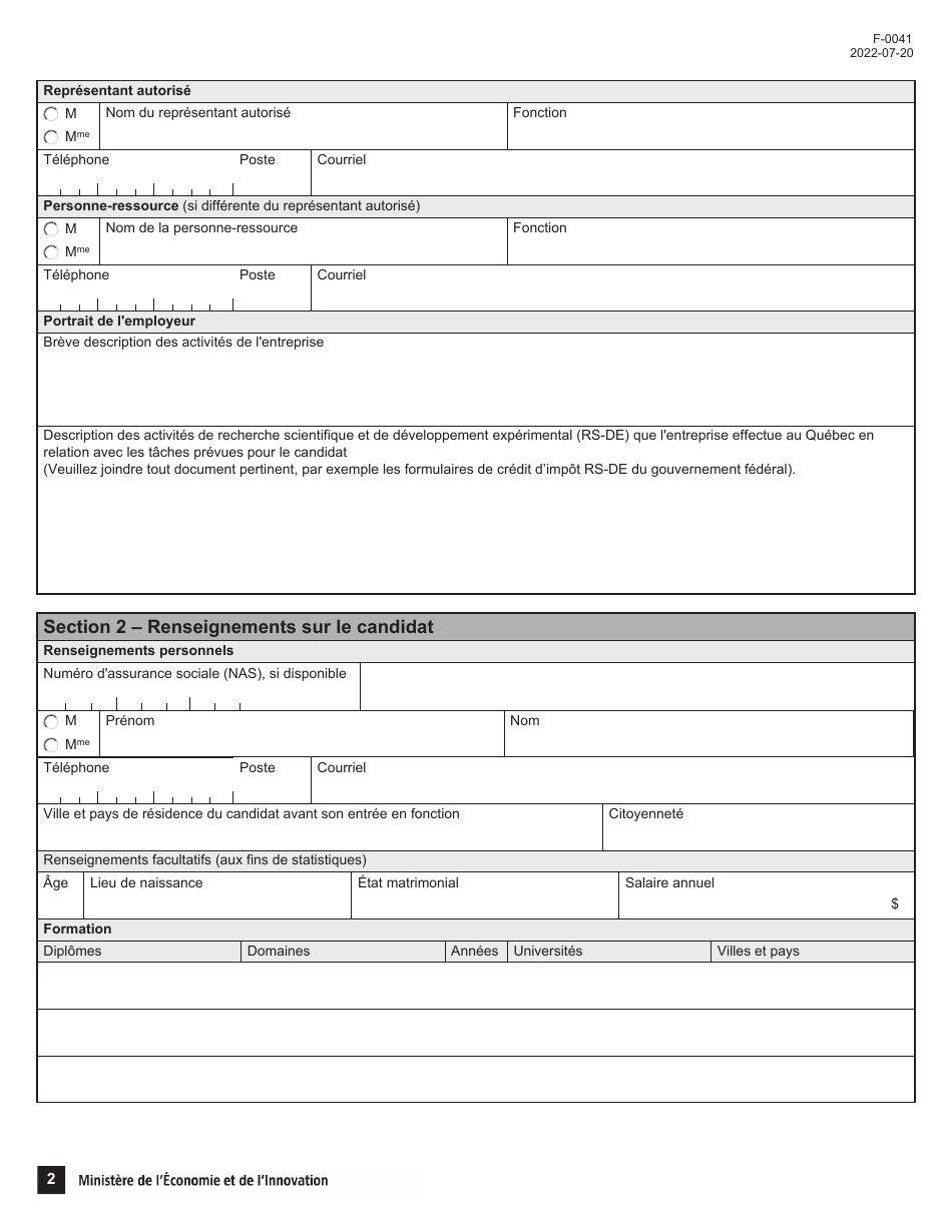 Forme F-0041 Demande De Certificat De Chercheur - Conge Fiscal Pour Chercheurs Etrangers - Quebec, Canada (French), Page 2