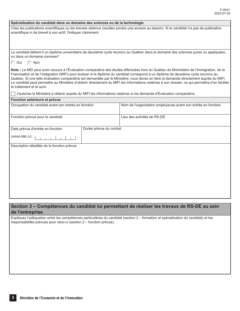 Forme F-0041 Demande De Certificat De Chercheur - Conge Fiscal Pour Chercheurs Etrangers - Quebec, Canada (French), Page 3