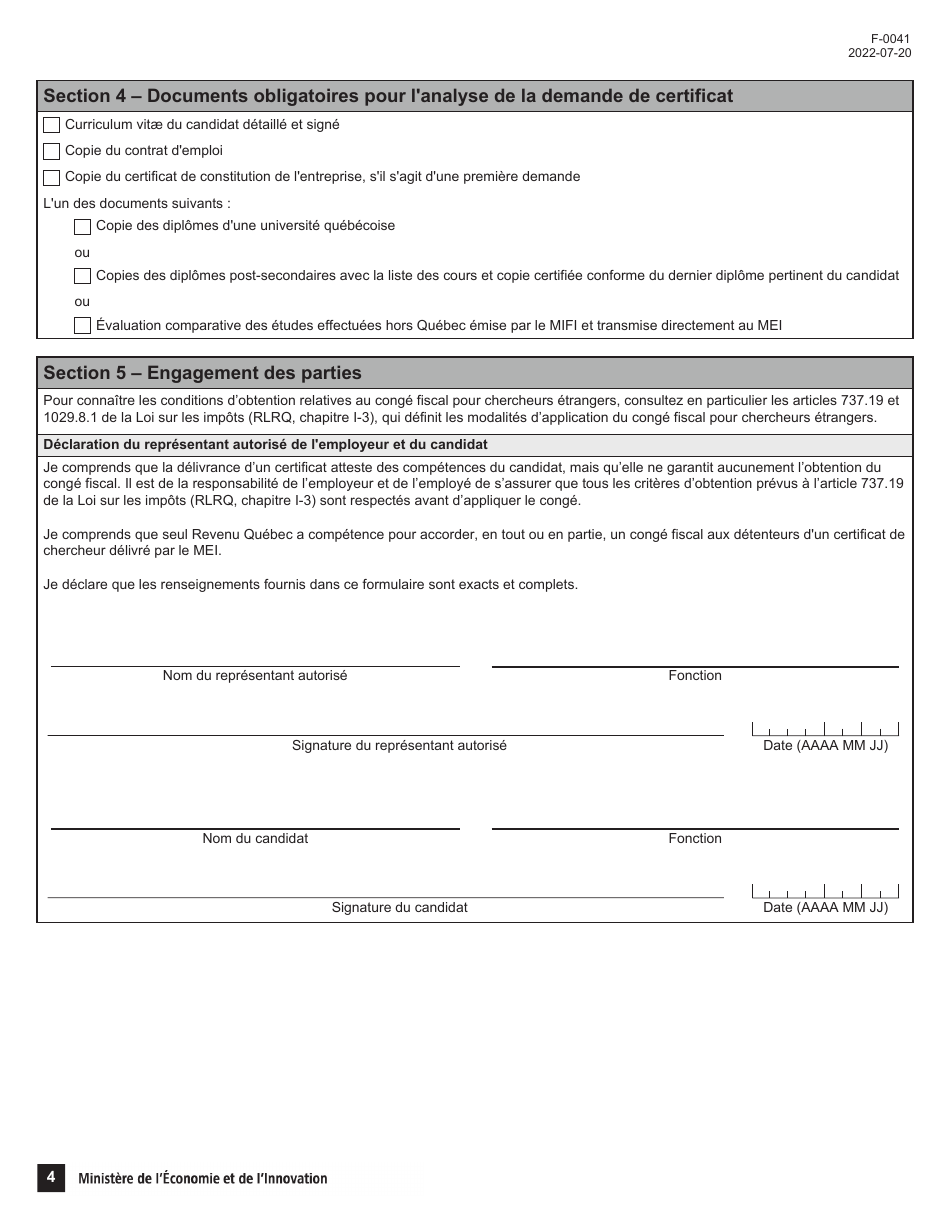 Forme F-0041 Demande De Certificat De Chercheur - Conge Fiscal Pour Chercheurs Etrangers - Quebec, Canada (French), Page 4