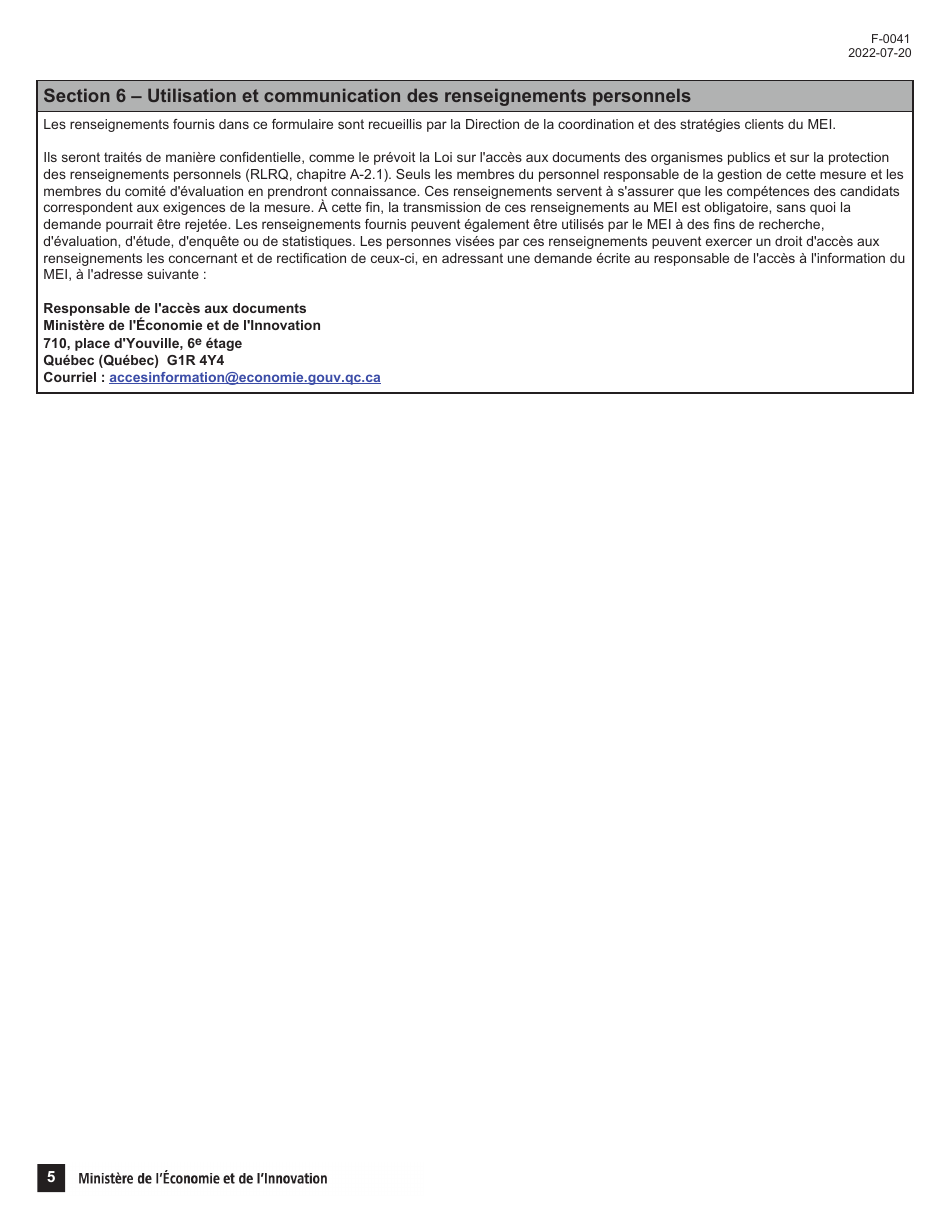 Forme F-0041 Demande De Certificat De Chercheur - Conge Fiscal Pour Chercheurs Etrangers - Quebec, Canada (French), Page 5