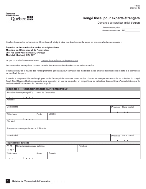 Forme F-0042 Demande De Certificat Initial D'expert - Quebec, Canada (French)