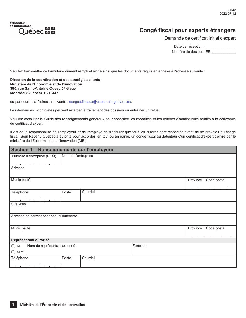 Forme F-0042 Demande De Certificat Initial Dexpert - Quebec, Canada (French), Page 1