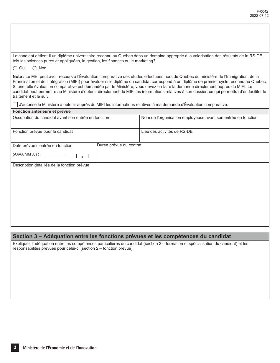 Forme F-0042 Demande De Certificat Initial Dexpert - Quebec, Canada (French), Page 3