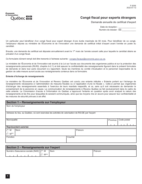 Forme F-0036 Demande Annuelle De Certificat D'expert - Conge Fiscal Pour Experts Etrangers - Quebec, Canada (French)