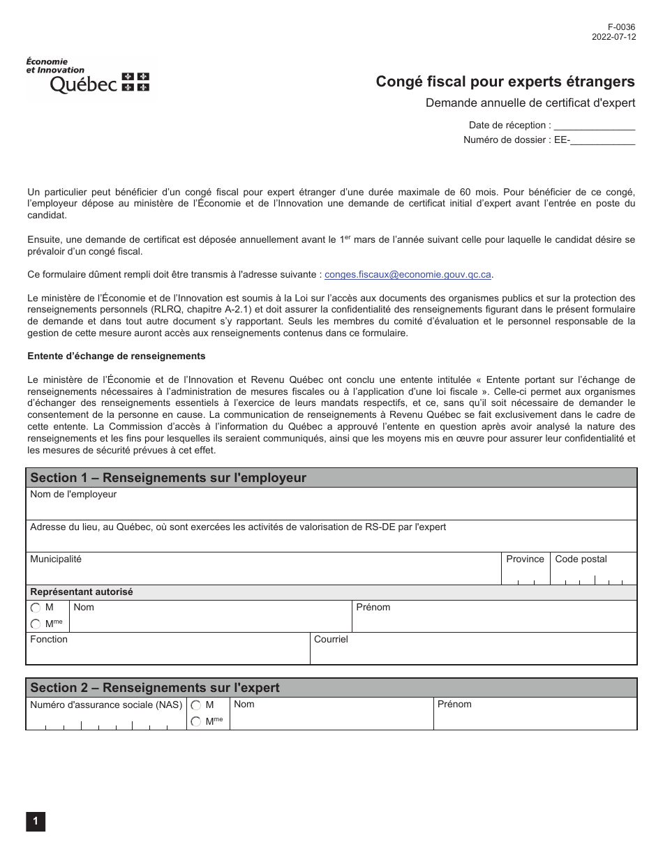Forme F-0036 Demande Annuelle De Certificat Dexpert - Conge Fiscal Pour Experts Etrangers - Quebec, Canada (French), Page 1