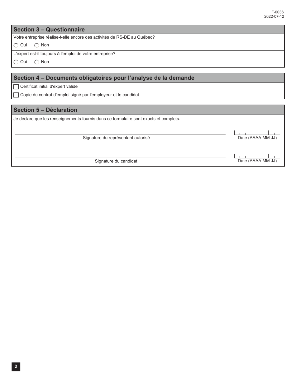 Forme F-0036 Demande Annuelle De Certificat Dexpert - Conge Fiscal Pour Experts Etrangers - Quebec, Canada (French), Page 2