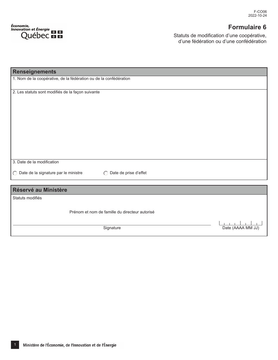 Forme 6 (F-CO06) Statuts De Modification Dune Cooperative, Dune Federation Ou Dune Confederation - Quebec, Canada (French), Page 1