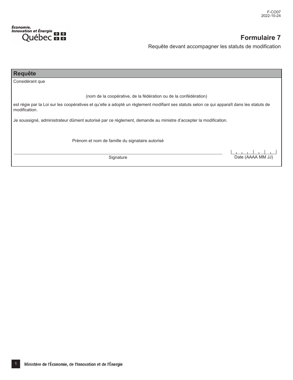 Forme 7 (F-CO07) Requete Devant Accompagner Les Statuts De Modification - Quebec, Canada (French), Page 1