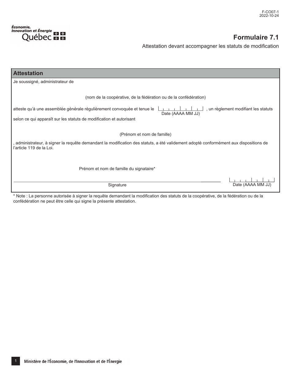 Forme 7.1 (F-CO07-1) Attestation Devant Accompagner Les Statuts De Modification - Quebec, Canada (French), Page 1