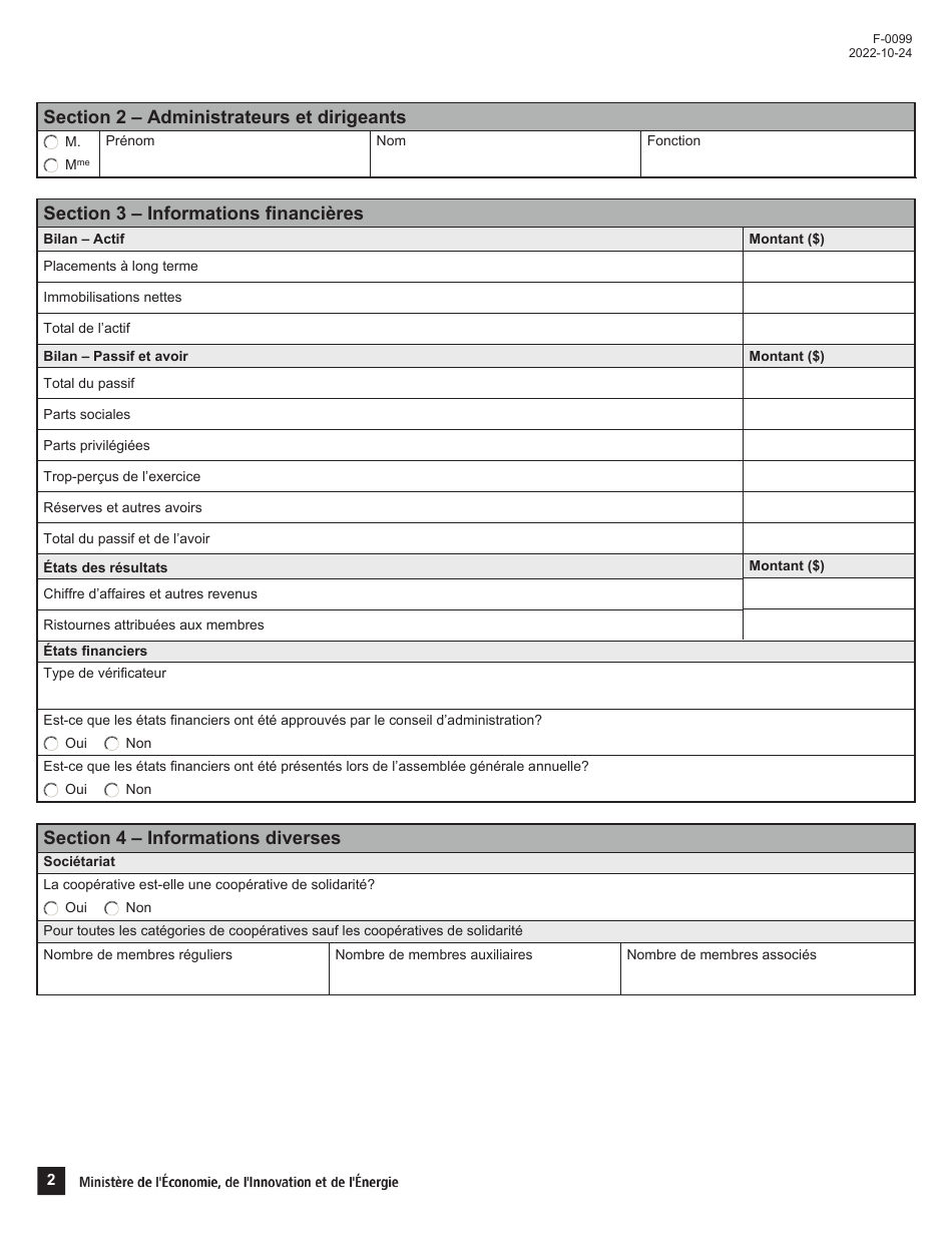 Forme F-0099 Formulaire Rapport Annuel Cooperative - Informations Statistiques Et Administratives - Quebec, Canada (French), Page 2