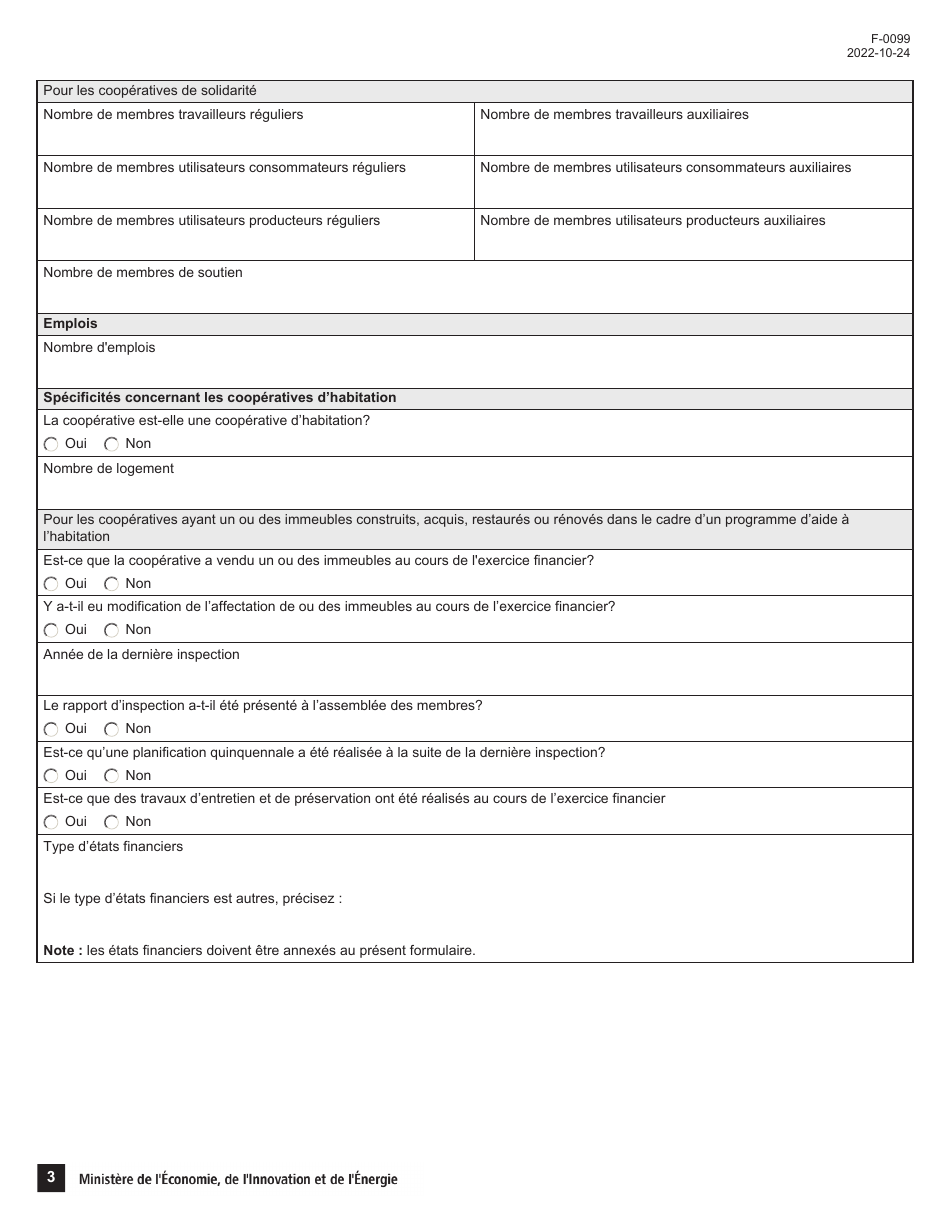 Forme F-0099 Formulaire Rapport Annuel Cooperative - Informations Statistiques Et Administratives - Quebec, Canada (French), Page 3