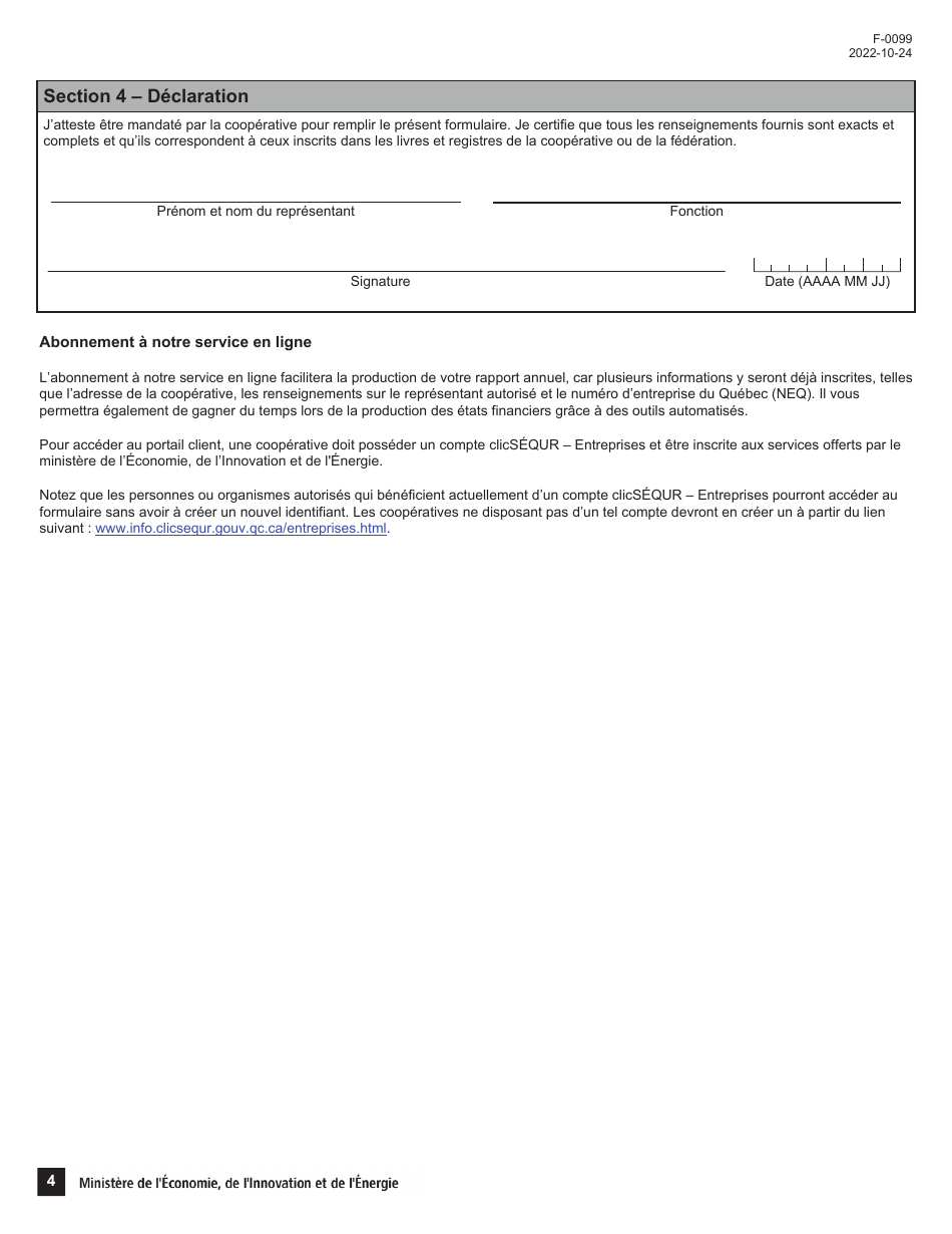 Forme F-0099 Formulaire Rapport Annuel Cooperative - Informations Statistiques Et Administratives - Quebec, Canada (French), Page 4