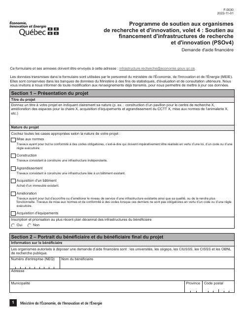 Forme F-0030 Partie 4 Demande D'aide Financiere - Programme De Soutien Aux Organismes De Recherche Et D'innovation - Quebec, Canada (French)