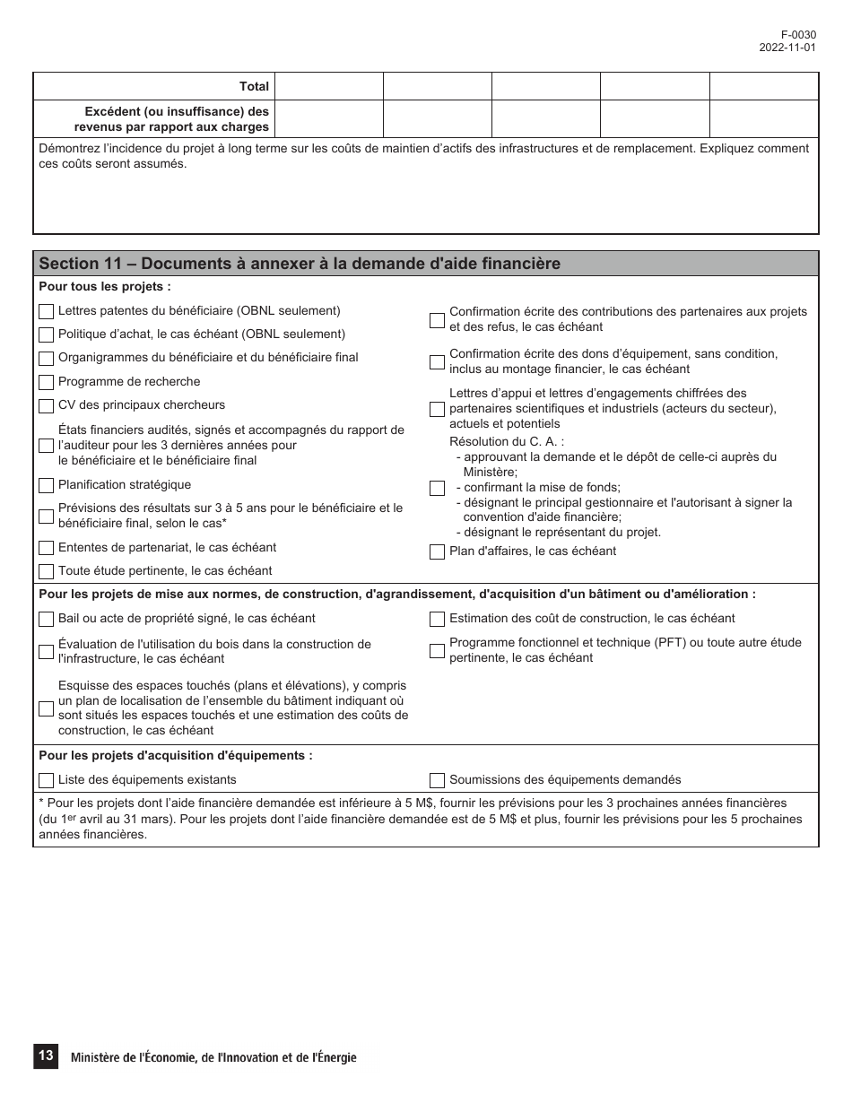Forme F-0030 Partie 4 Demande Daide Financiere - Programme De Soutien Aux Organismes De Recherche Et Dinnovation - Quebec, Canada (French), Page 13