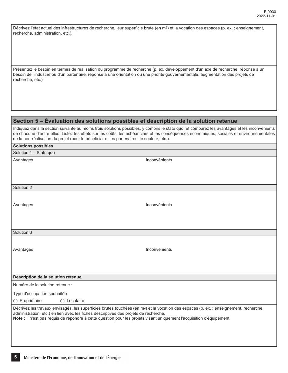Forme F-0030 Partie 4 Demande Daide Financiere - Programme De Soutien Aux Organismes De Recherche Et Dinnovation - Quebec, Canada (French), Page 5