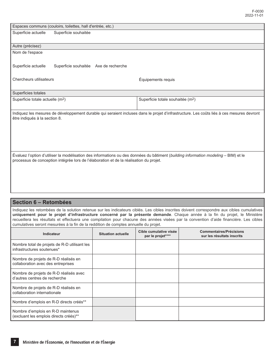 Forme F-0030 Partie 4 Demande Daide Financiere - Programme De Soutien Aux Organismes De Recherche Et Dinnovation - Quebec, Canada (French), Page 7
