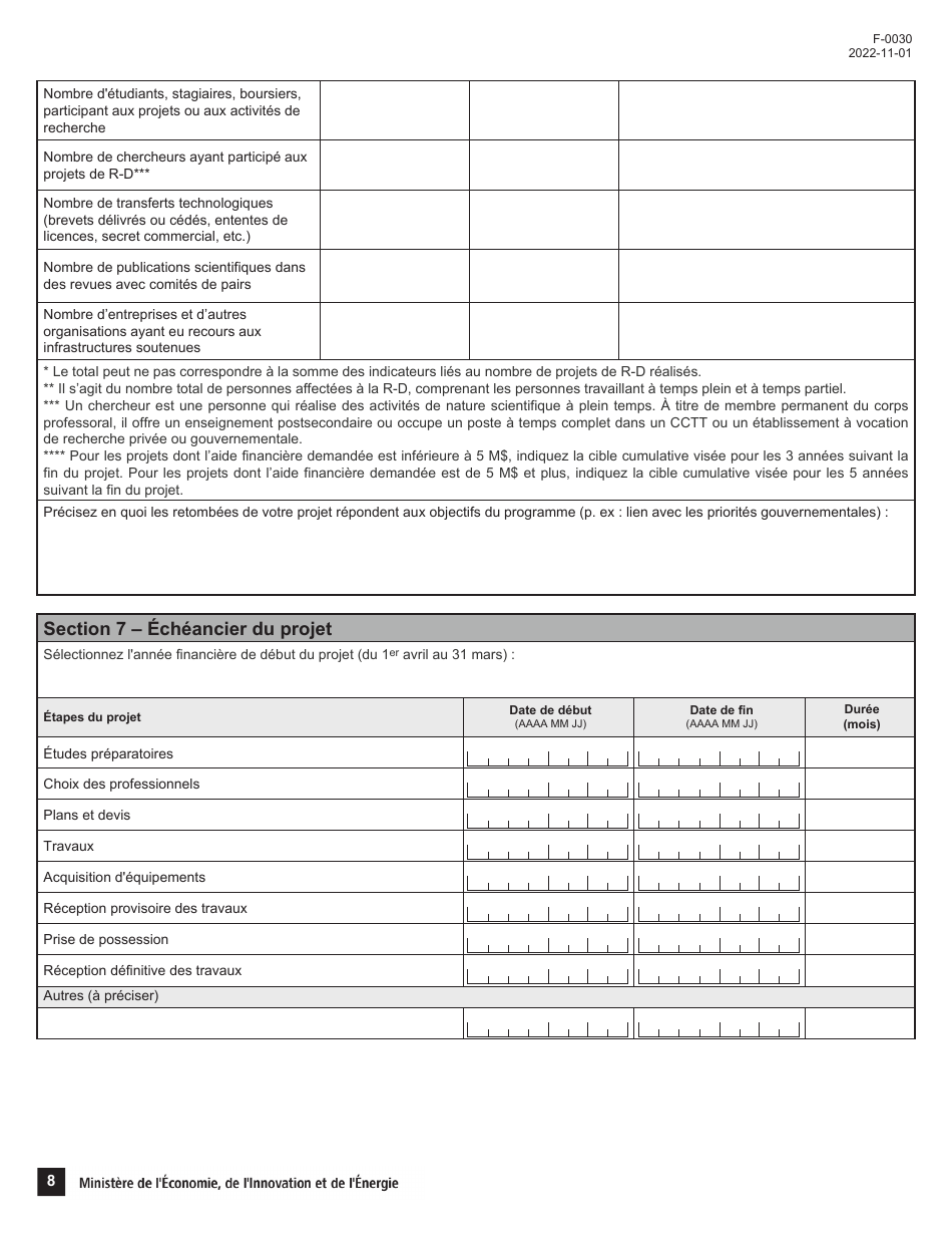 Forme F-0030 Partie 4 Demande Daide Financiere - Programme De Soutien Aux Organismes De Recherche Et Dinnovation - Quebec, Canada (French), Page 8