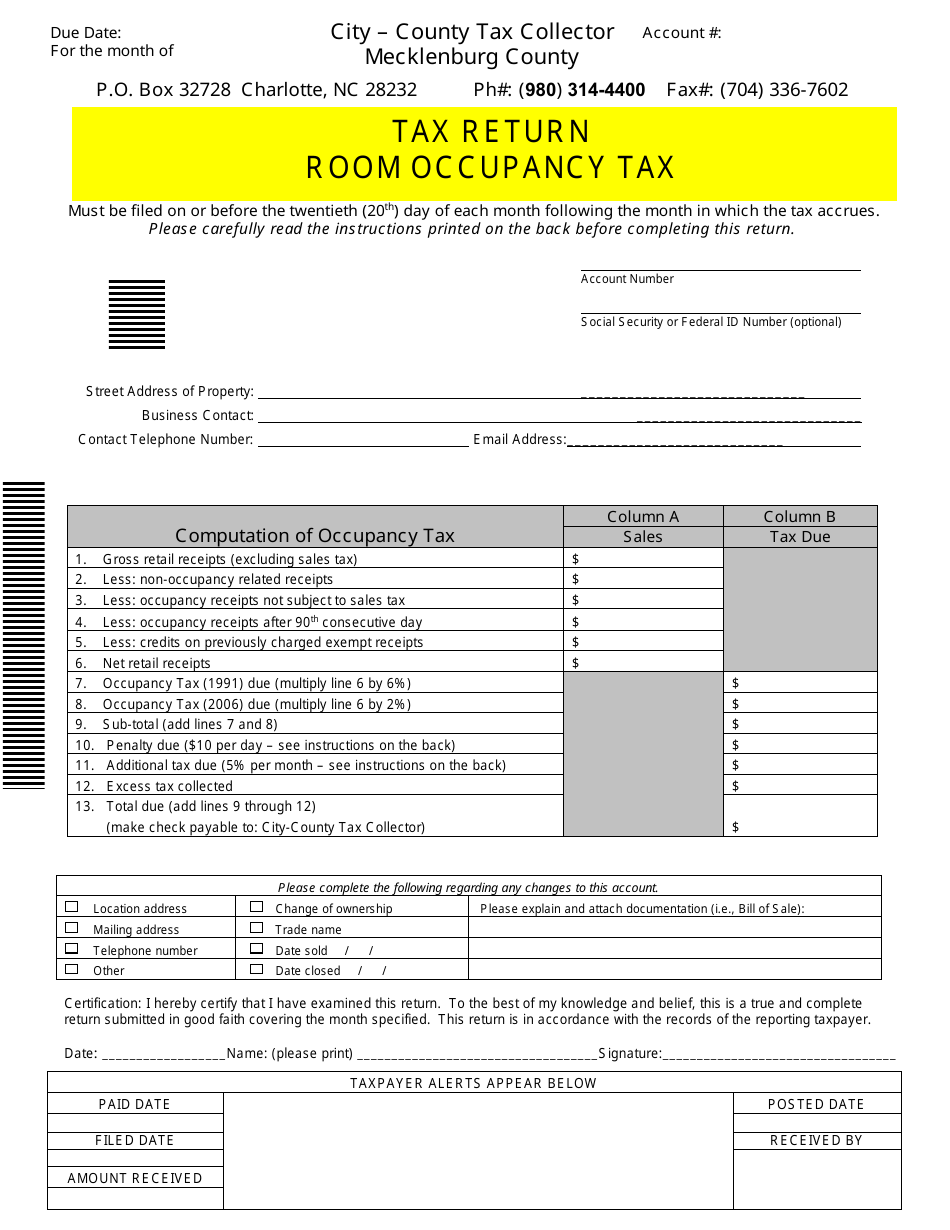 Room Occupancy Tax Return - Mecklenburg County, North Carolina, Page 1