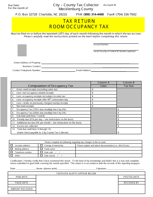 Room Occupancy Tax Return - Mecklenburg County, North Carolina Download Pdf