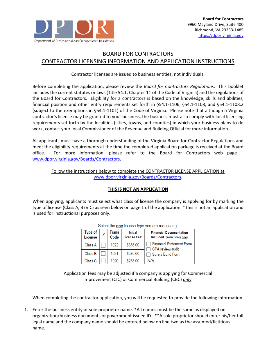 Instructions for Form A501-27LIC Contractor Firm License Application - Virginia, Page 1