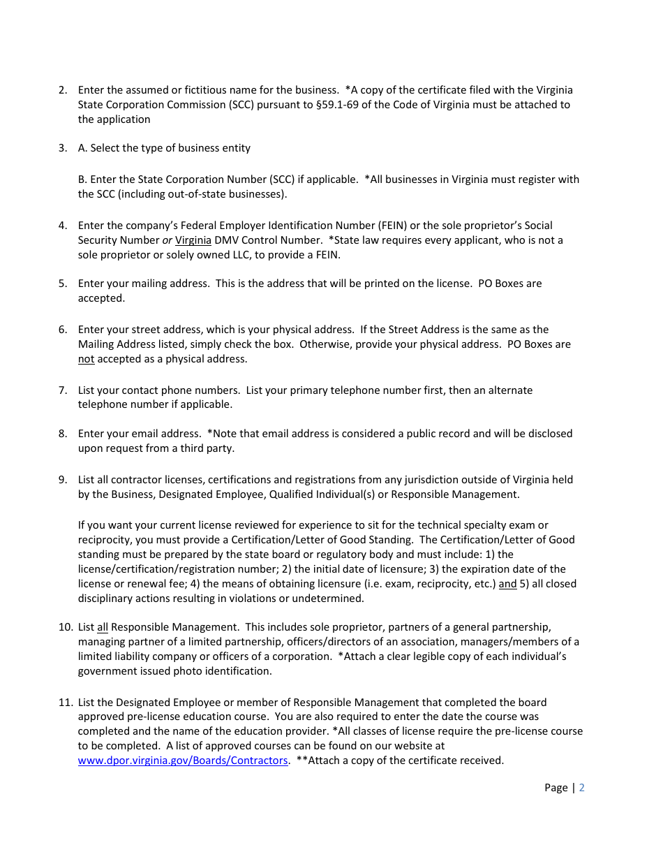 Instructions for Form A501-27LIC Contractor Firm License Application - Virginia, Page 2