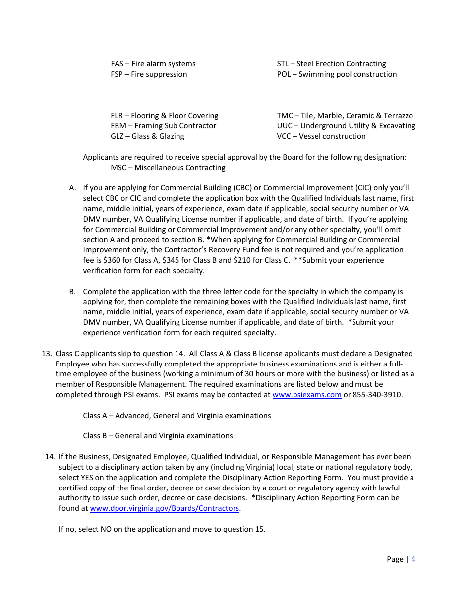Instructions for Form A501-27LIC Contractor Firm License Application - Virginia, Page 4