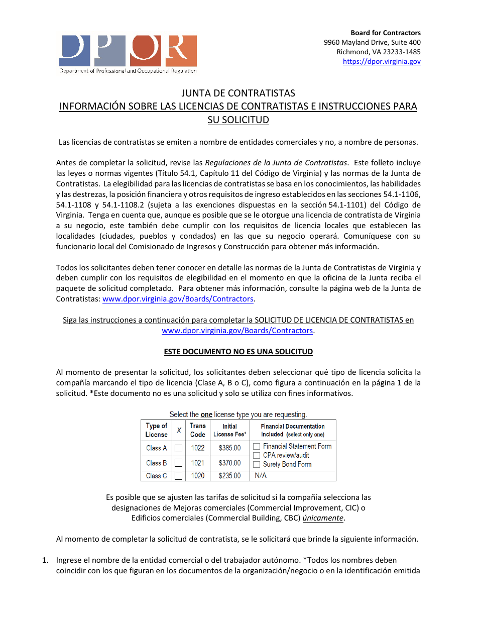 Instrucciones para Formulario A501-27LIC Contractor Firm License Application - Virginia (Spanish), Page 1