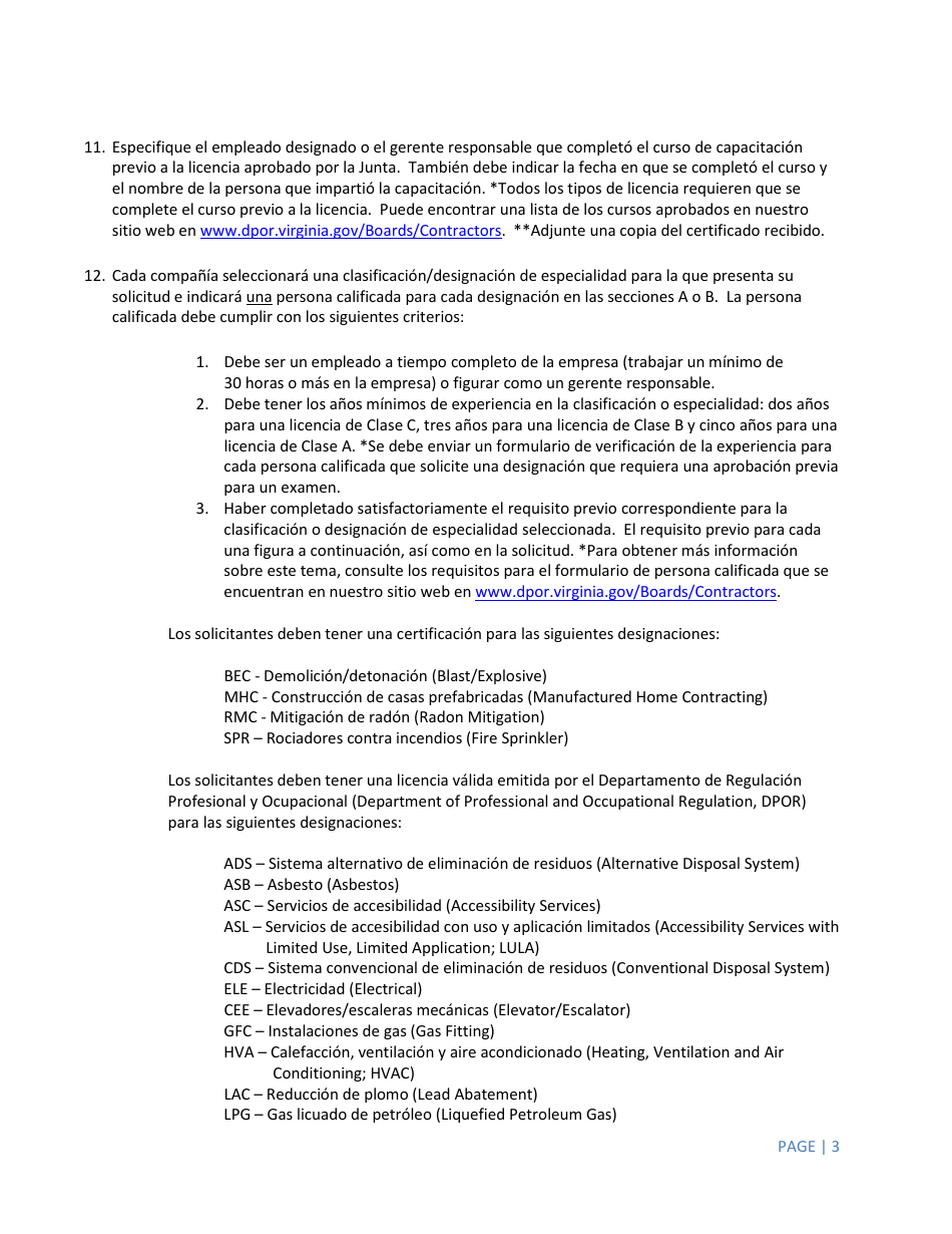 Instrucciones para Formulario A501-27LIC Contractor Firm License Application - Virginia (Spanish), Page 3