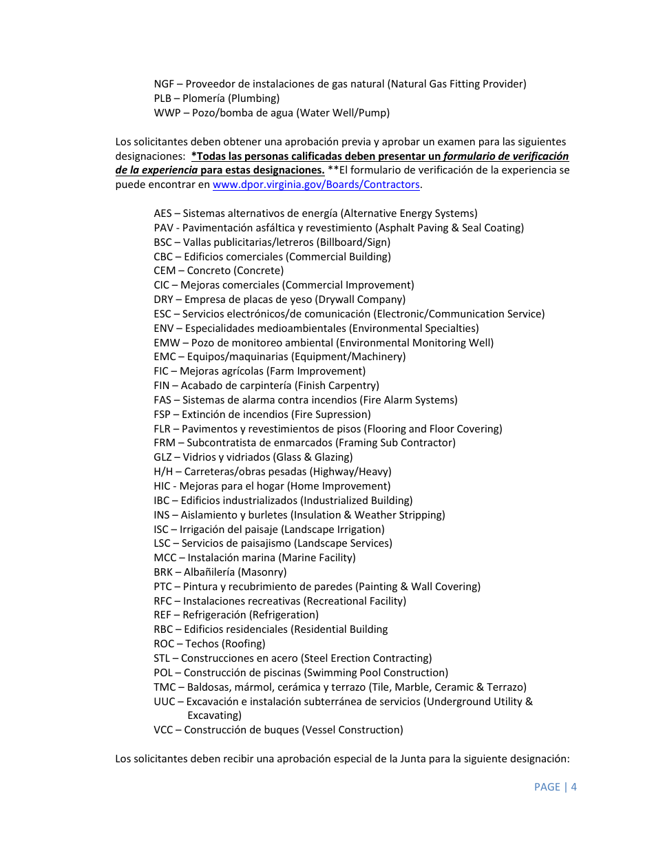 Instrucciones para Formulario A501-27LIC Contractor Firm License Application - Virginia (Spanish), Page 4