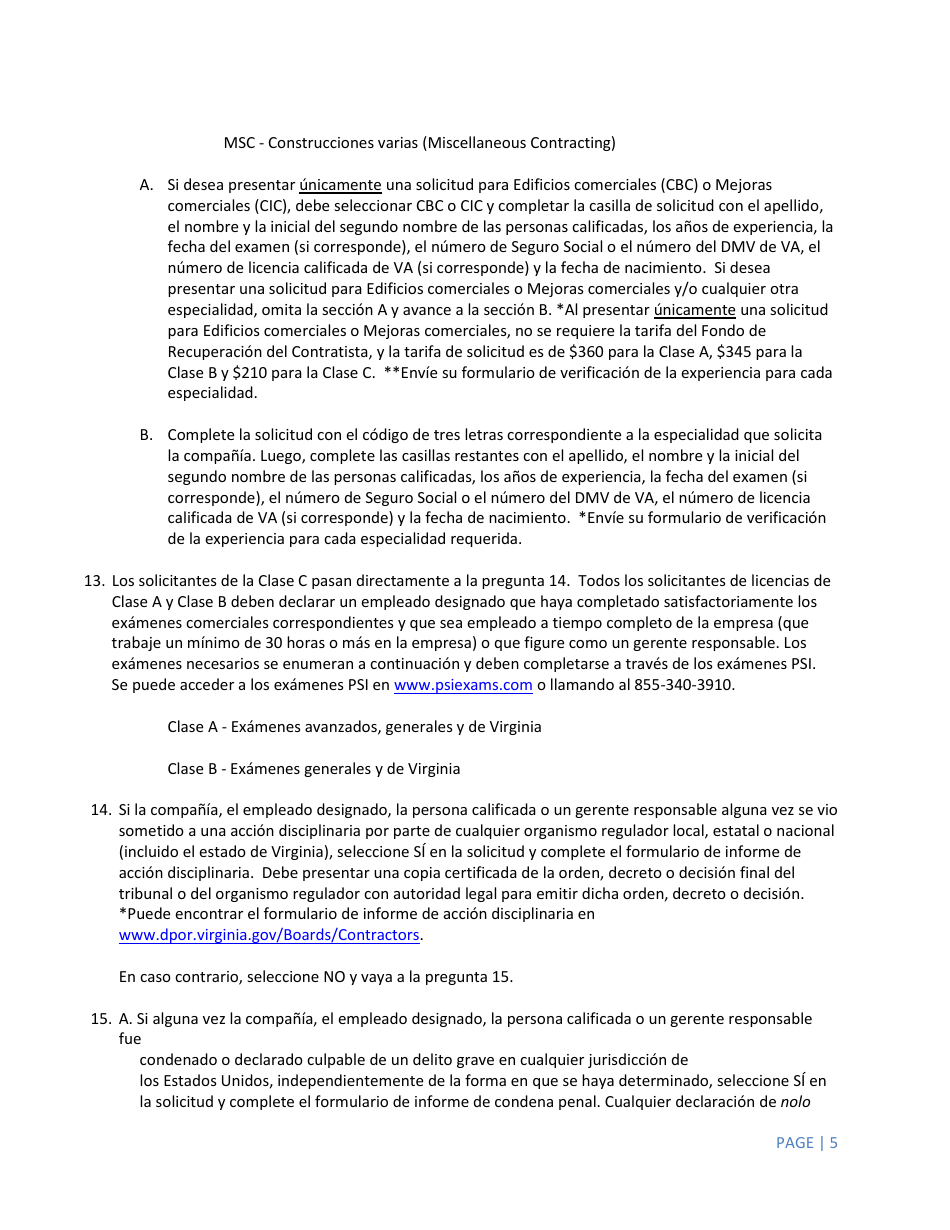 Instrucciones para Formulario A501-27LIC Contractor Firm License Application - Virginia (Spanish), Page 5