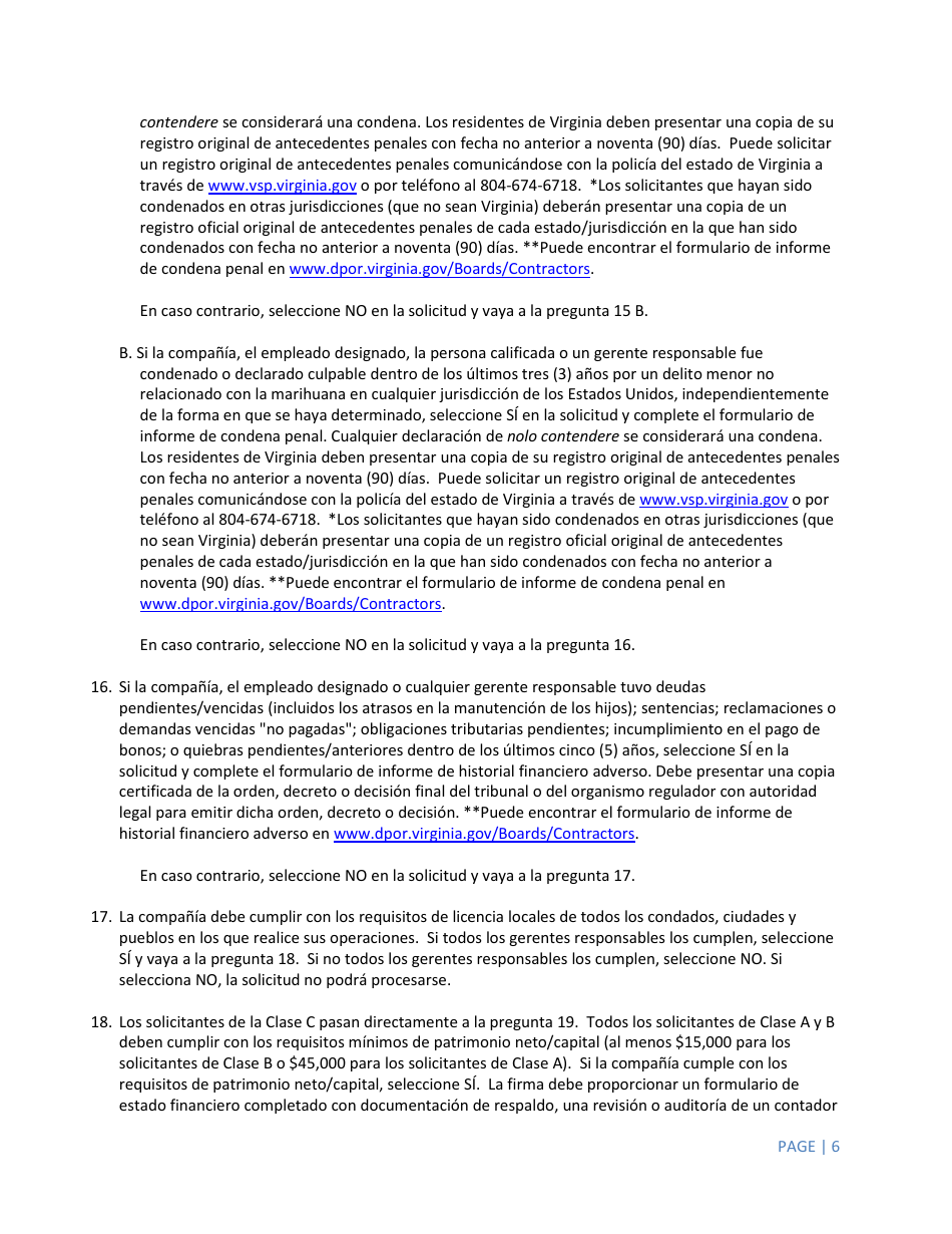 Instrucciones para Formulario A501-27LIC Contractor Firm License Application - Virginia (Spanish), Page 6